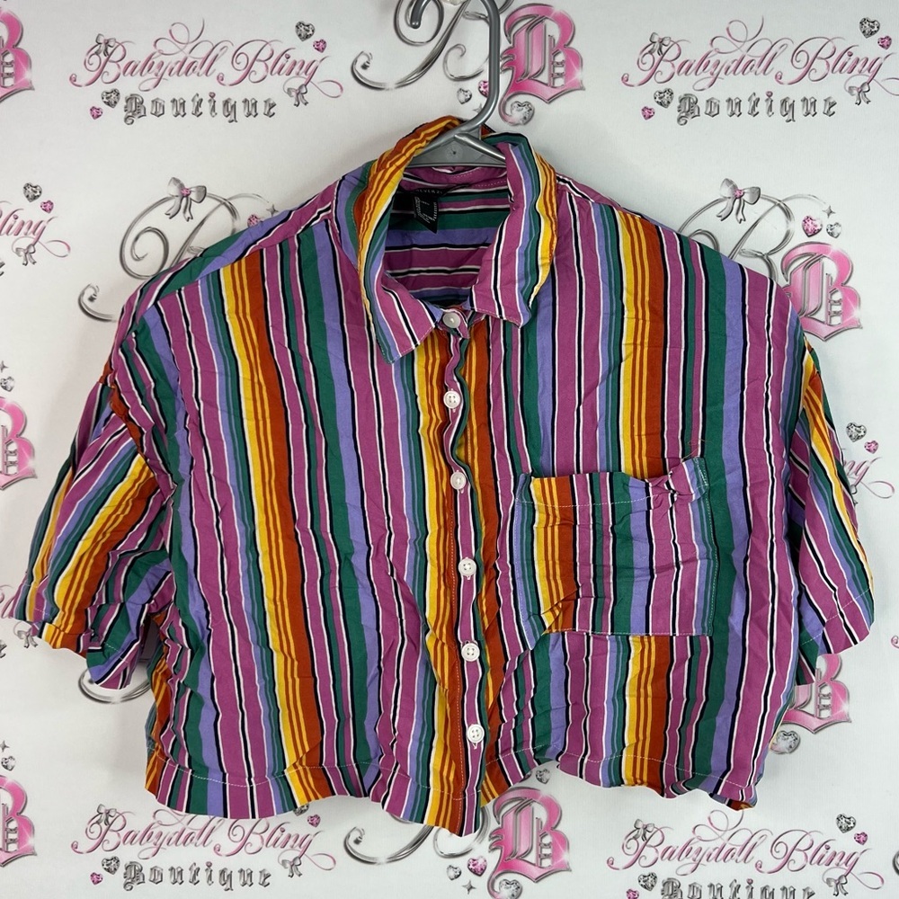 Forever 21 cropped tshirt button up crop rainbow 🌈 multicolor Striped Shirt